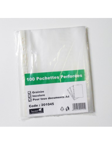 100 POCHETTES PERFORÉES EN POLYPRO GRAINÉES - LAURÉAT - 45 MICRONS - FORMAT A4