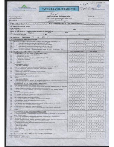 TVA BLEU TRIMESTRIELLE - MODÈLE ADC080F-10E - Paquet de 500 fiches