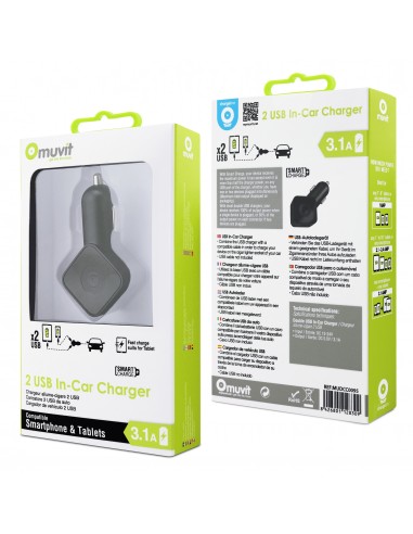 Chargeur de voiture 3.1A Dual USB (1A sans fil + 2.1A) muvit Noir